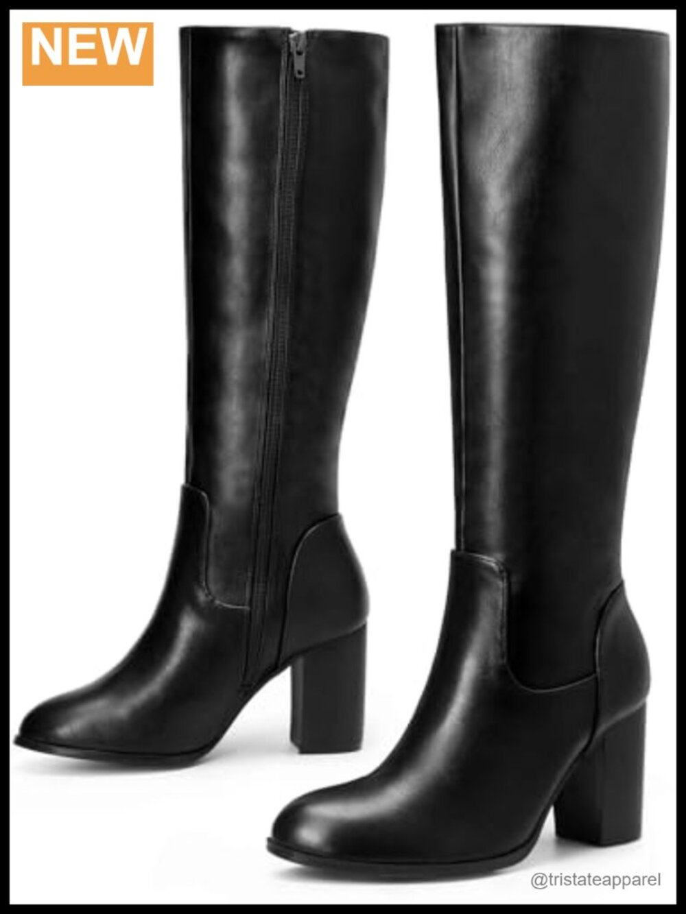 Knee High Boots for Women Chunky Block Heel Faux Leather Round Toe Side Zip